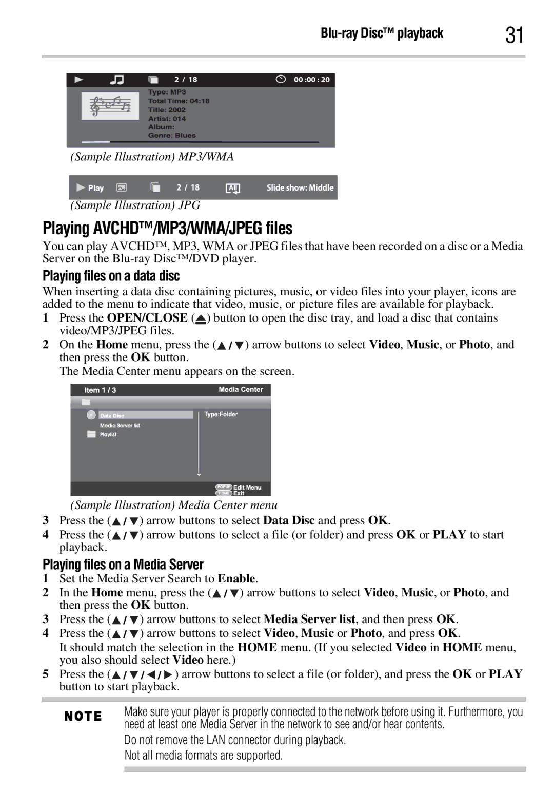 Toshiba BDX3300KC manual Playing AVCHD/MP3/WMA/JPEG files, Playing files on a data disc, Playing files on a Media Server 