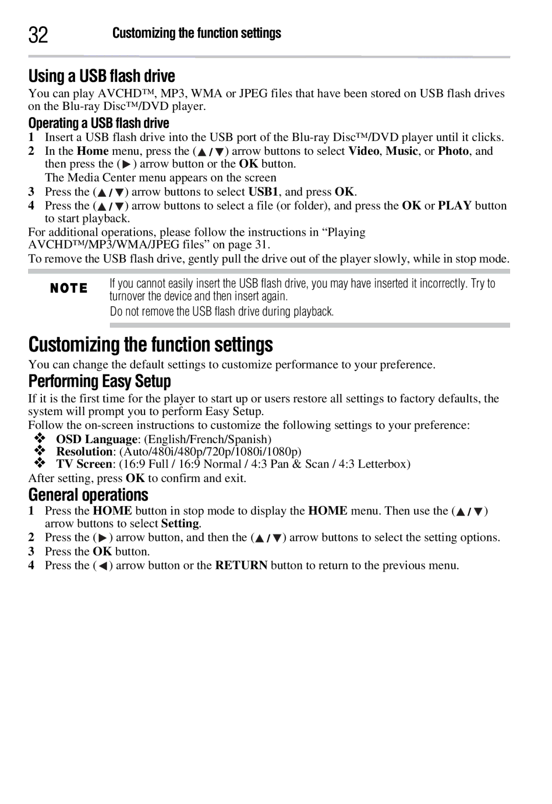 Toshiba BDX2300KC Customizing the function settings, Using a USB flash drive, Performing Easy Setup, General operations 