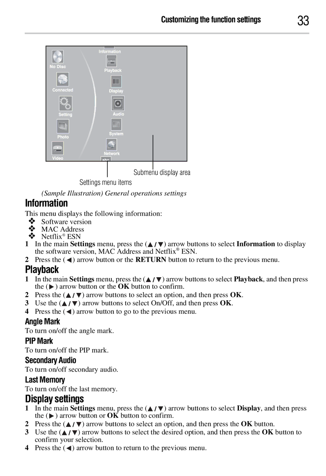 Toshiba BDX3300KC, BDX2300KC manual Information, Playback, Display settings 