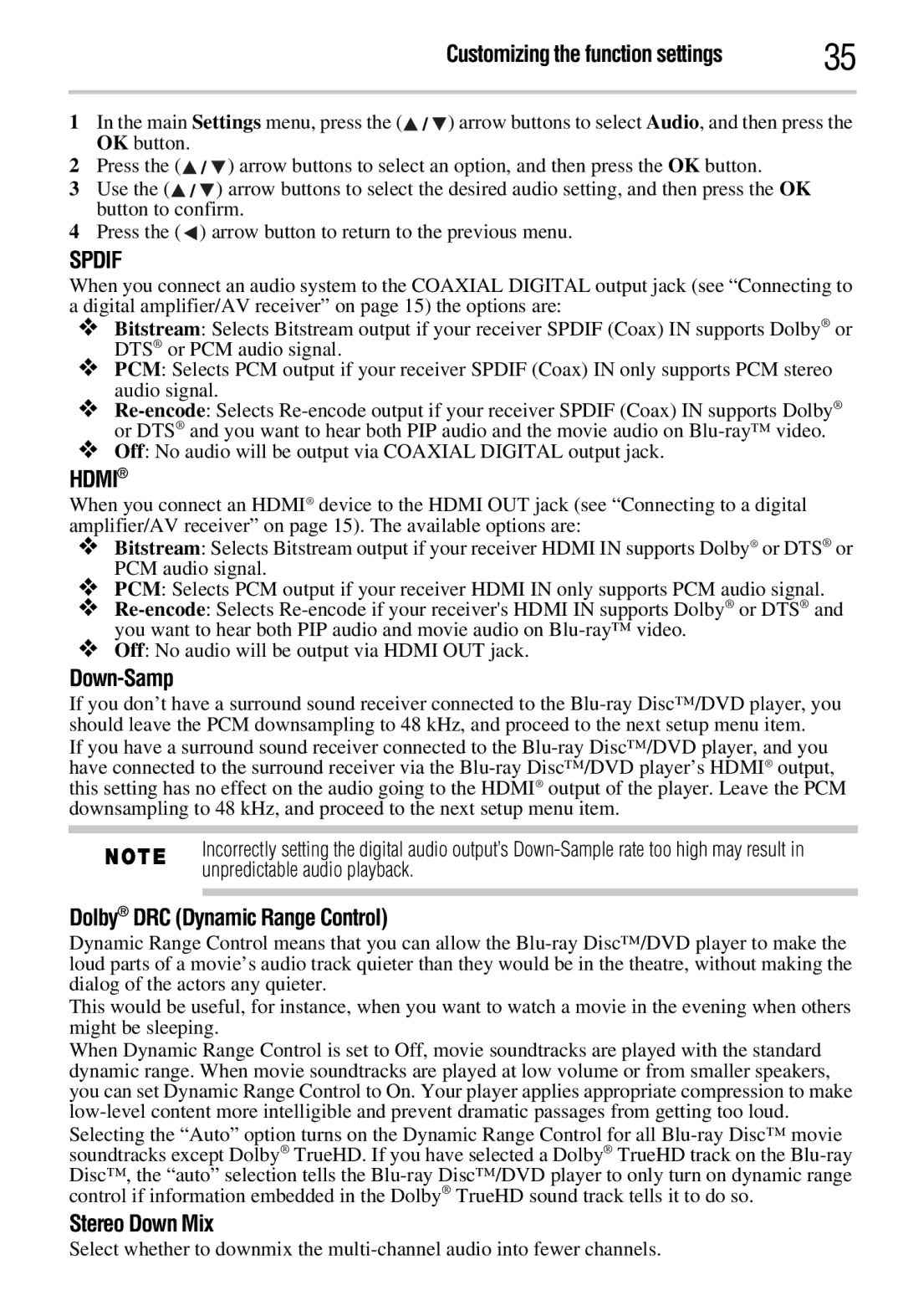 Toshiba BDX3300KC, BDX2300KC manual Down-Samp, Dolby DRC Dynamic Range Control, Stereo Down Mix 