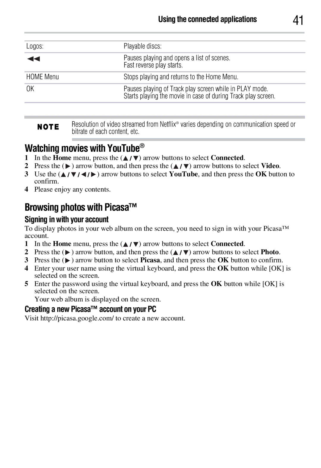 Toshiba BDX3300KC, BDX2300KC manual Watching movies with YouTube, Browsing photos with Picasa, Signing in with your account 
