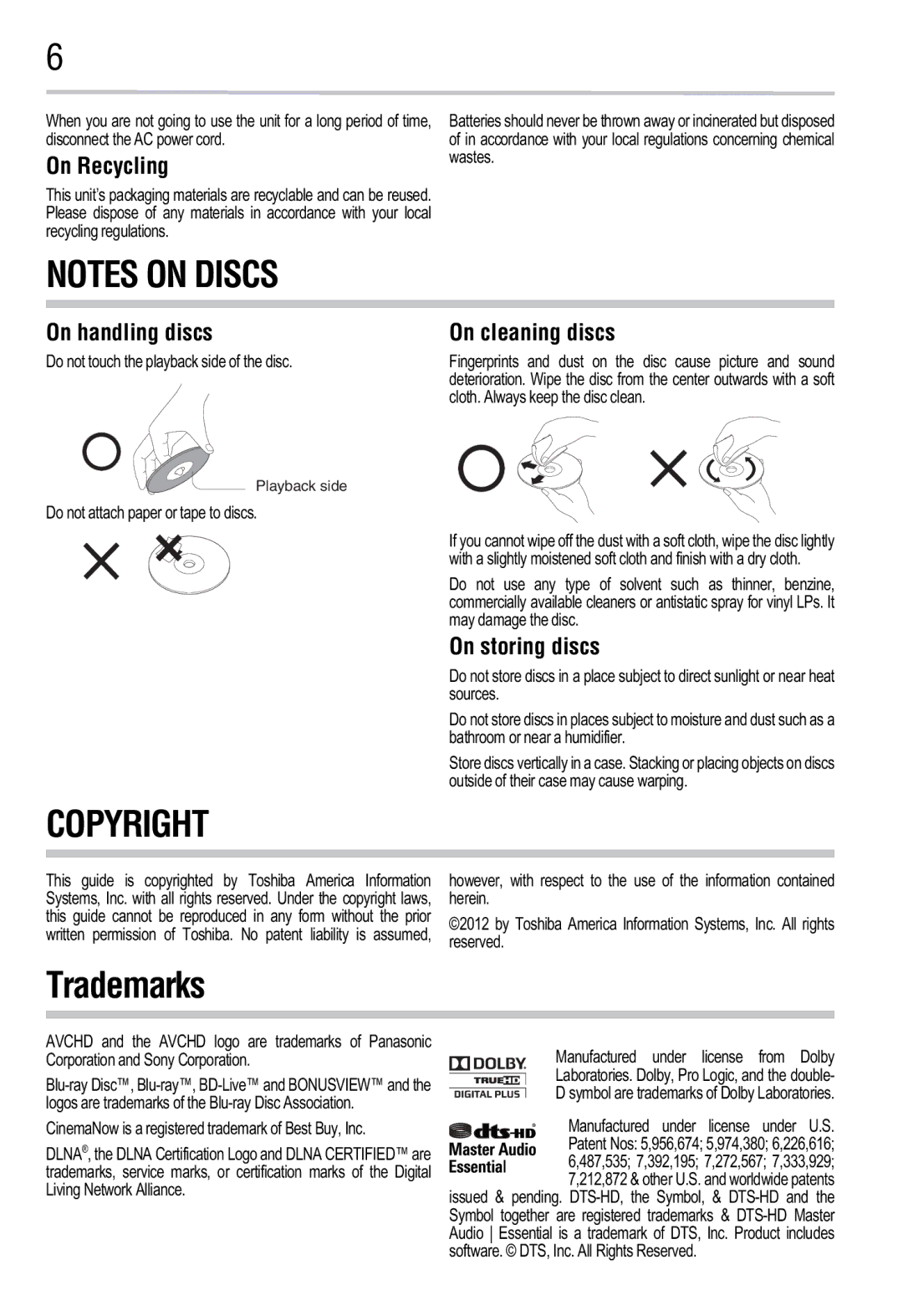 Toshiba BDX2300KC, BDX3300KC manual On Recycling, On handling discs, On cleaning discs, On storing discs 