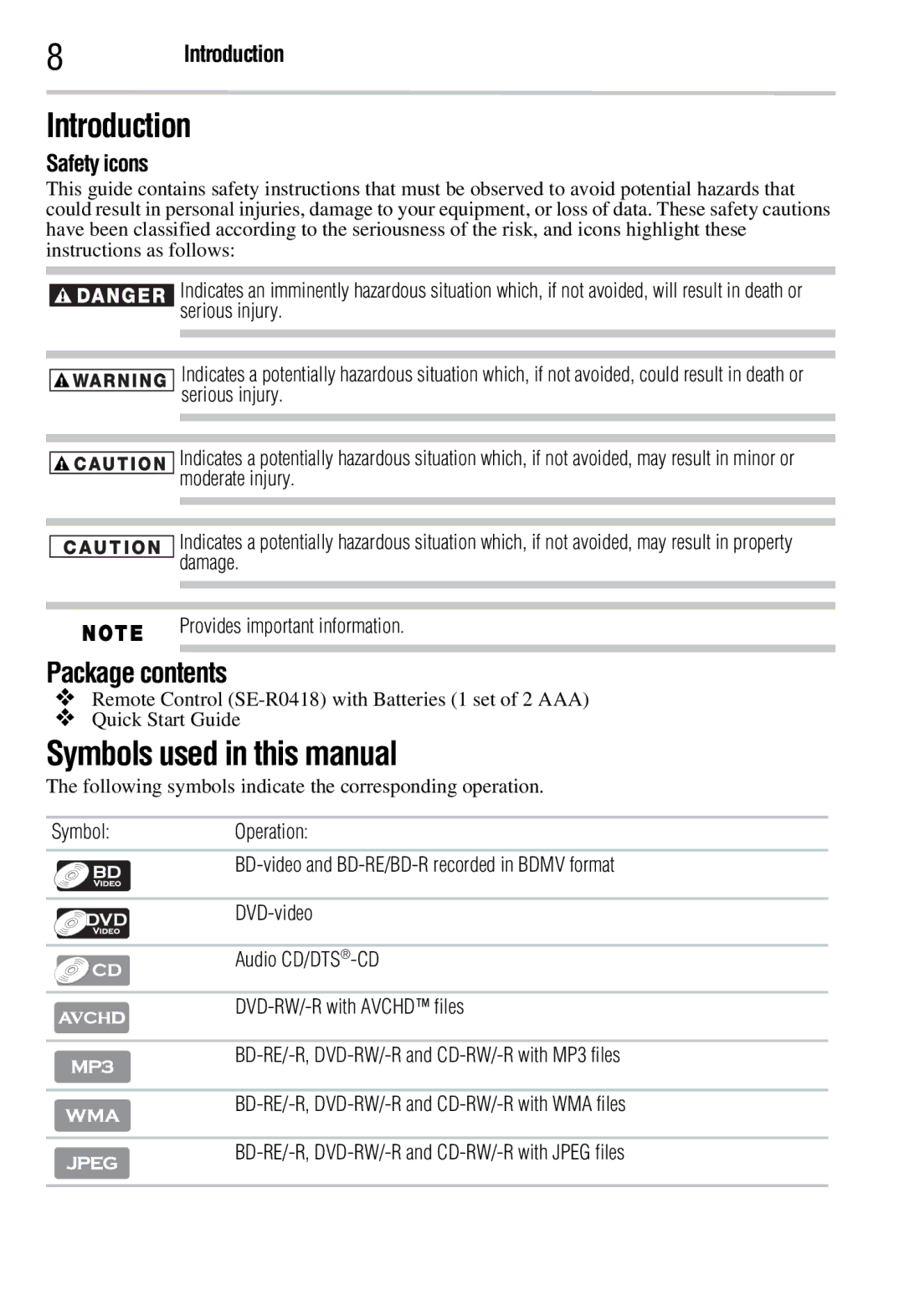 Toshiba BDX2300KC, BDX3300KC Introduction, Symbols used in this manual, Package contents, Safety icons 