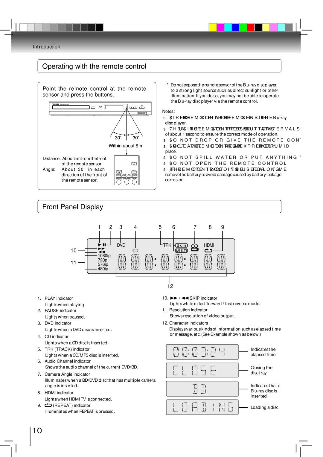 Toshiba BDX2500KU owner manual Operating with the remote control, Front Panel Display 