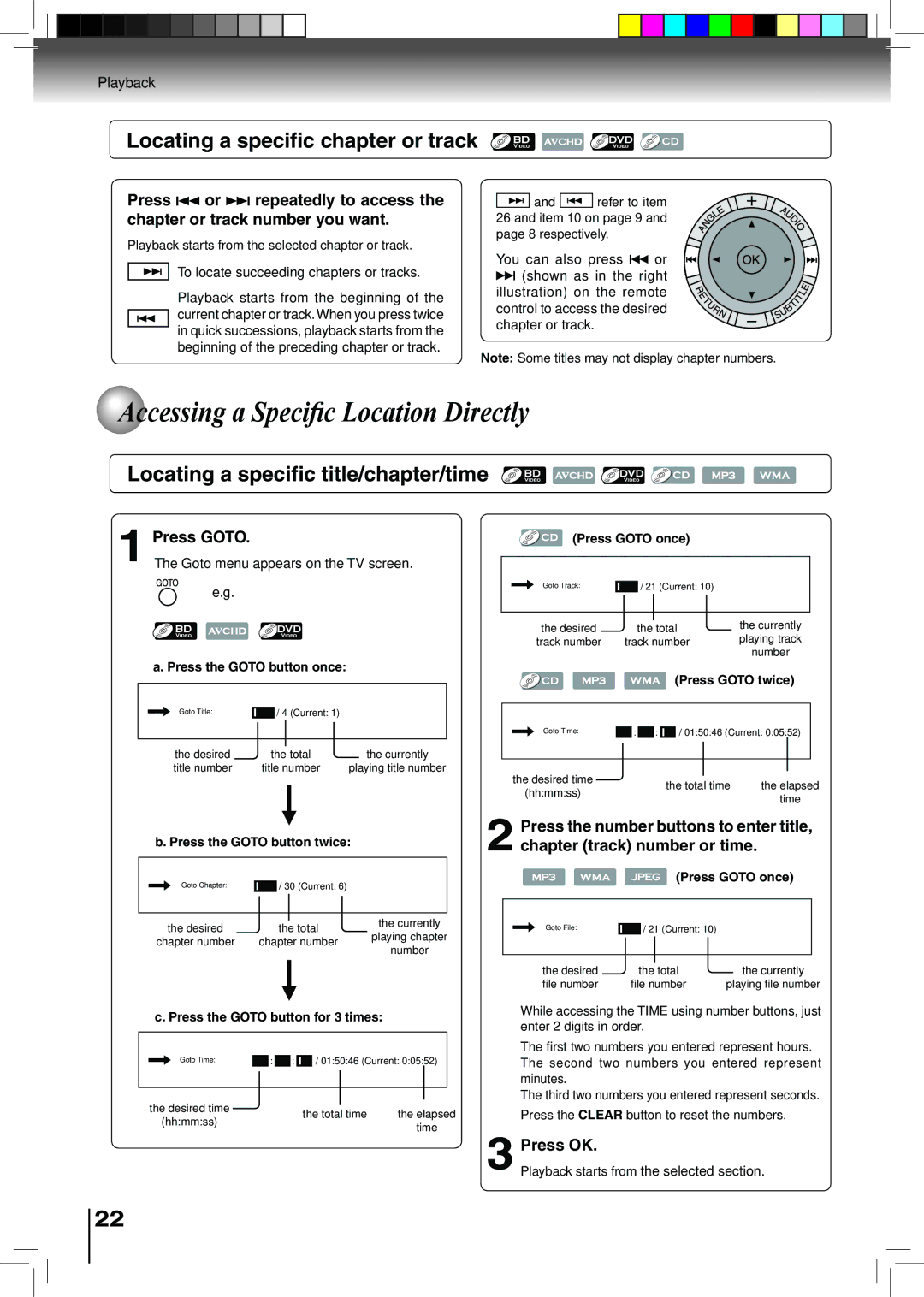 Toshiba BDX2500KU owner manual Accessing a Specific Location Directly, Locating a specific chapter or track, Press Goto 