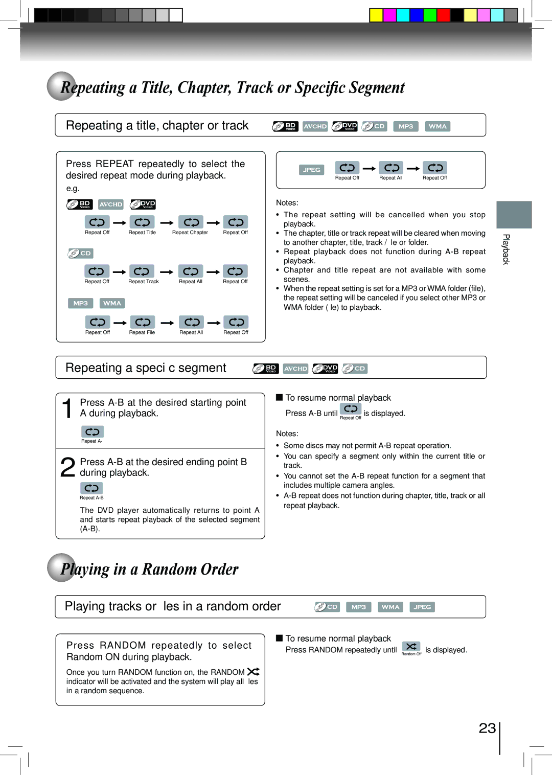 Toshiba BDX2500KU owner manual Repeating a Title, Chapter, Track or Specific Segment, Playing in a Random Order 