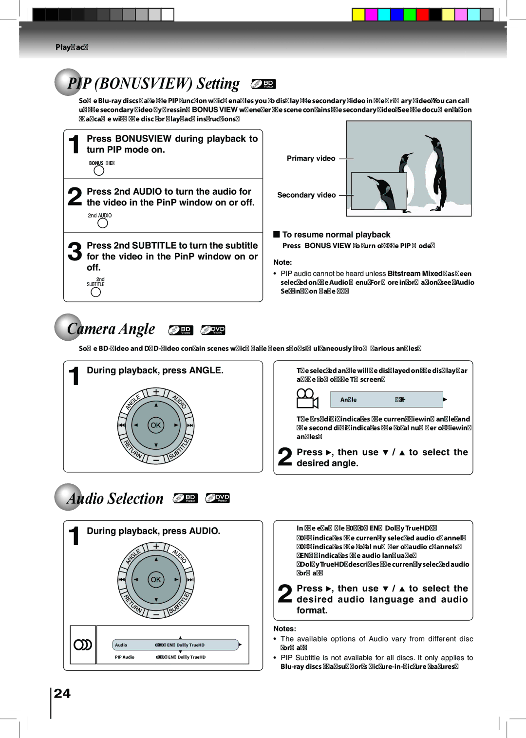 Toshiba BDX2500KU owner manual PIP Bonusview Setting, Camera Angle, Audio Selection 