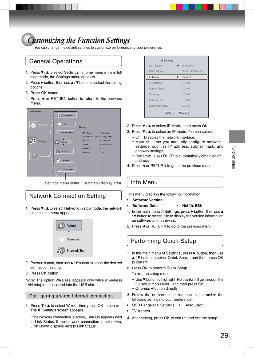 Toshiba BDX2500KU owner manual Customizing the Function Settings, General Operations, Network Connection Setting, Info Menu 