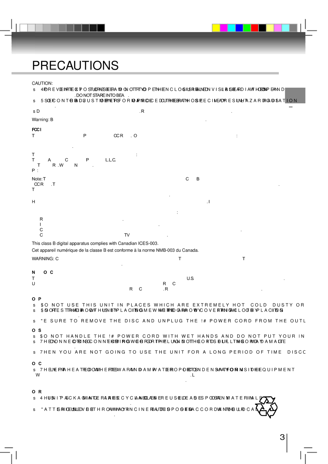 Toshiba BDX2500KU owner manual Precautions 