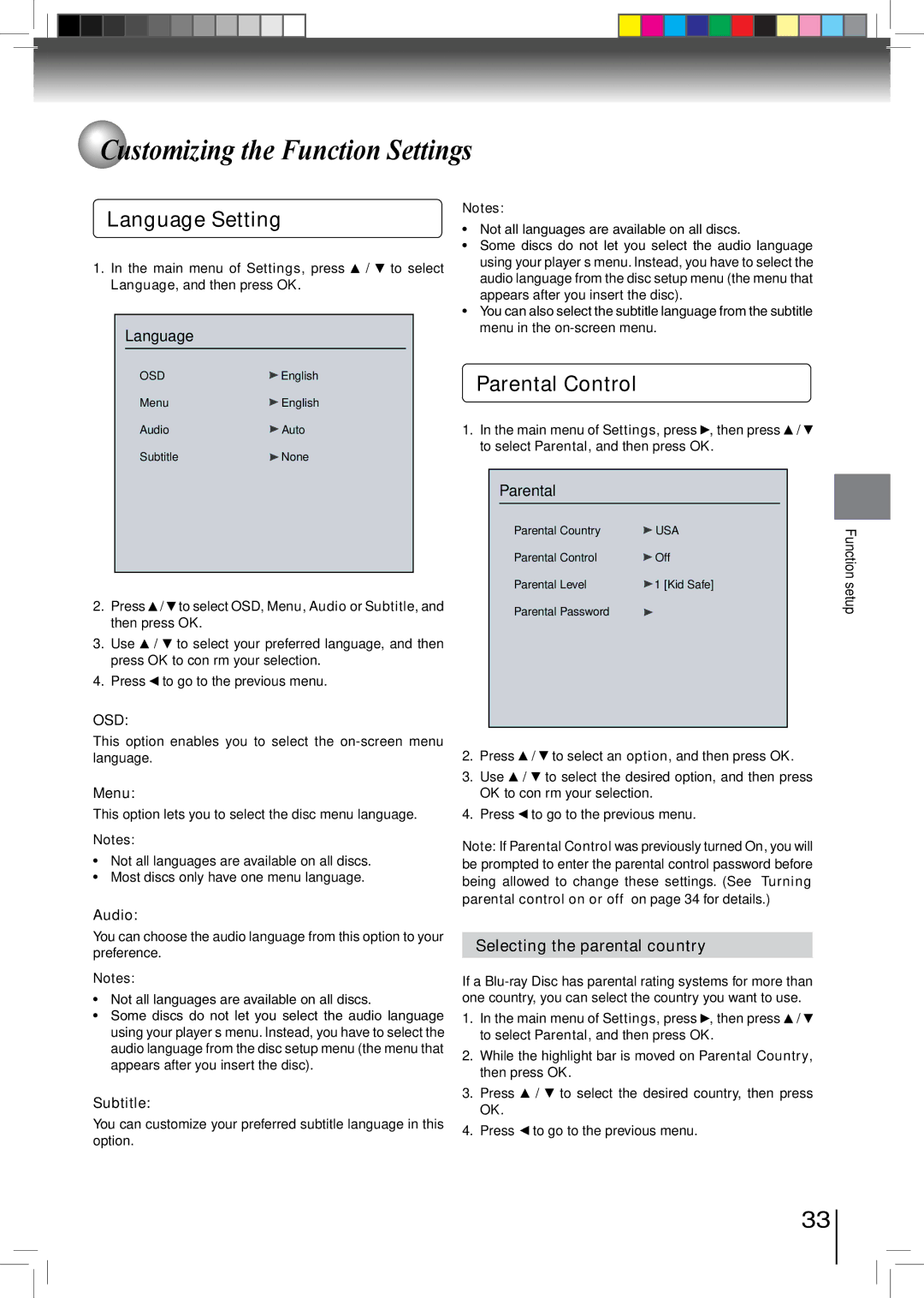 Toshiba BDX2500KU owner manual Language Setting, Parental Control, Selecting the parental country 