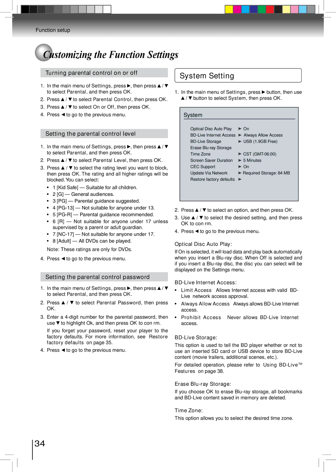 Toshiba BDX2500KU owner manual System Setting, Turning parental control on or off, Setting the parental control level 