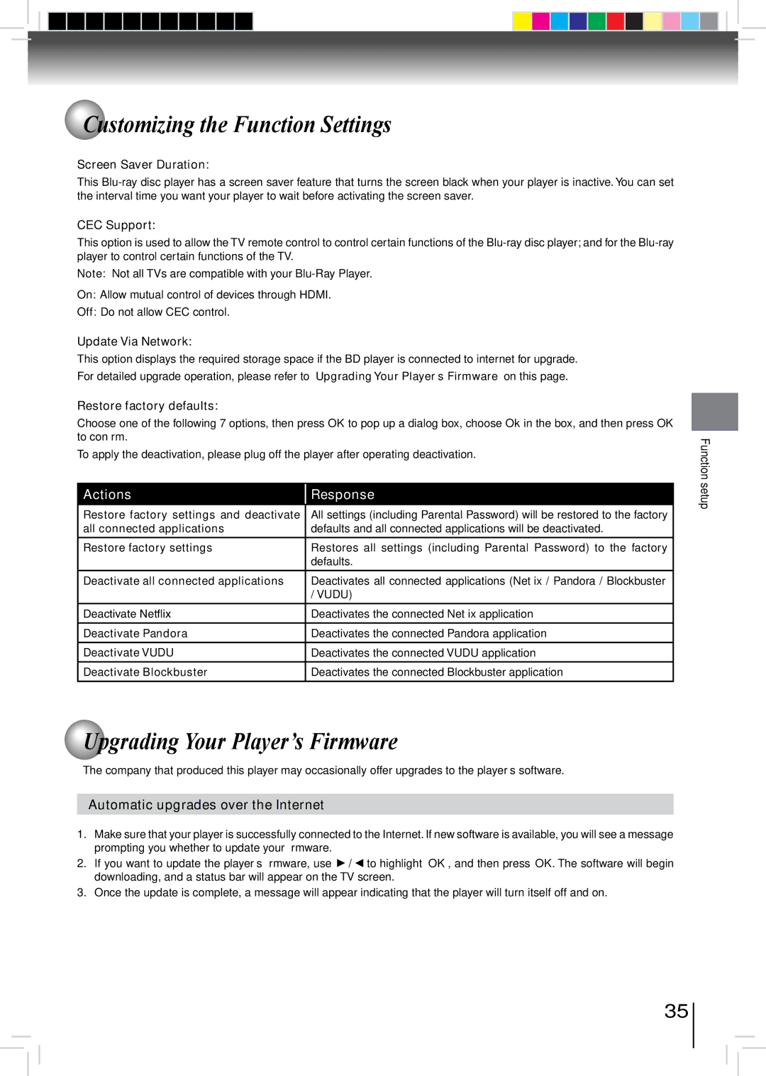 Toshiba BDX2500KU owner manual Upgrading Your Player’s Firmware, Automatic upgrades over the Internet 