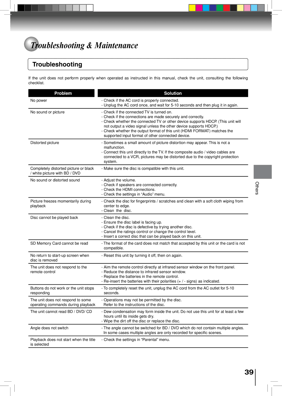 Toshiba BDX2500KU owner manual Troubleshooting & Maintenance 