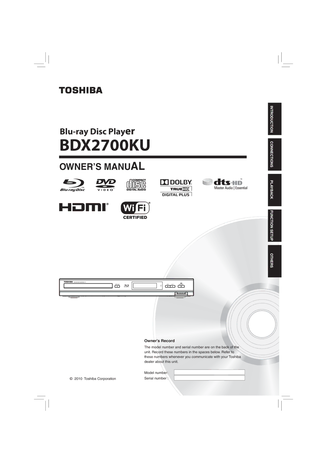 Toshiba BDX2700KU owner manual Owner’s Record, Toshiba Corporation 