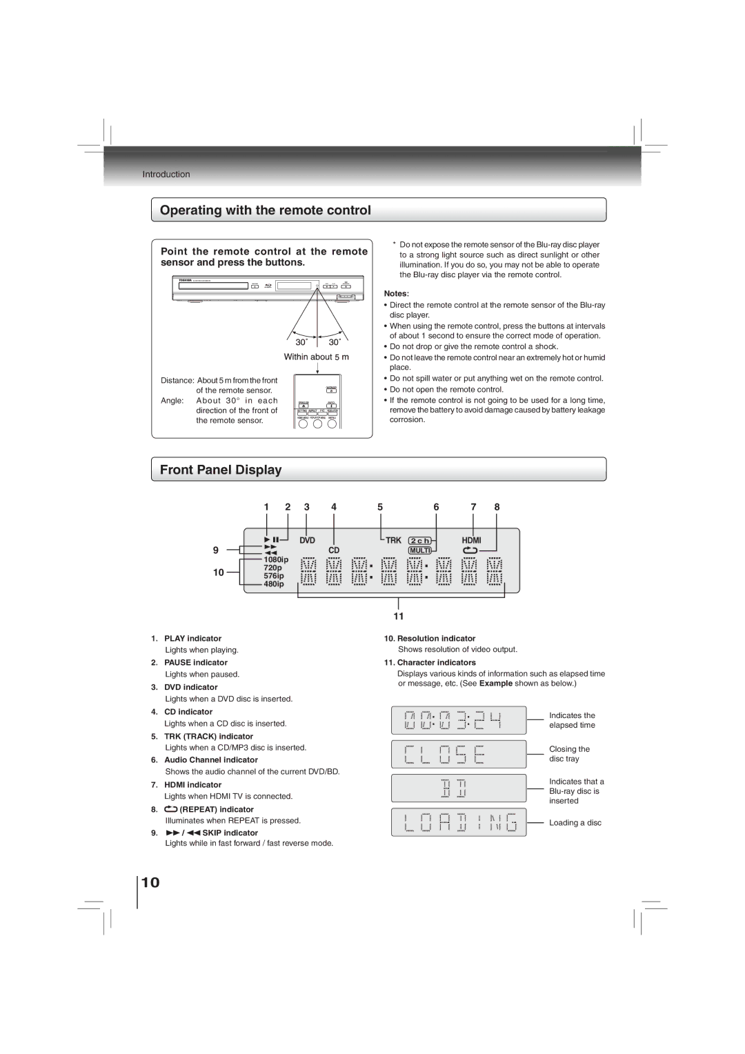 Toshiba BDX2700KU owner manual Operating with the remote control, Front Panel Display 