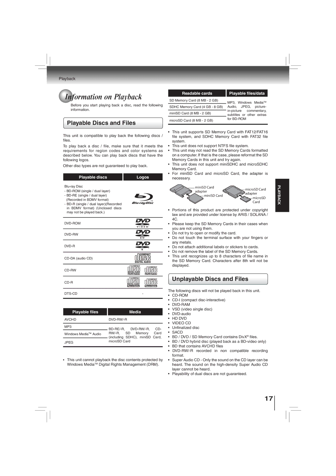 Toshiba BDX2700KU owner manual Information on Playback, Playable Discs and Files, Unplayable Discs and Files 