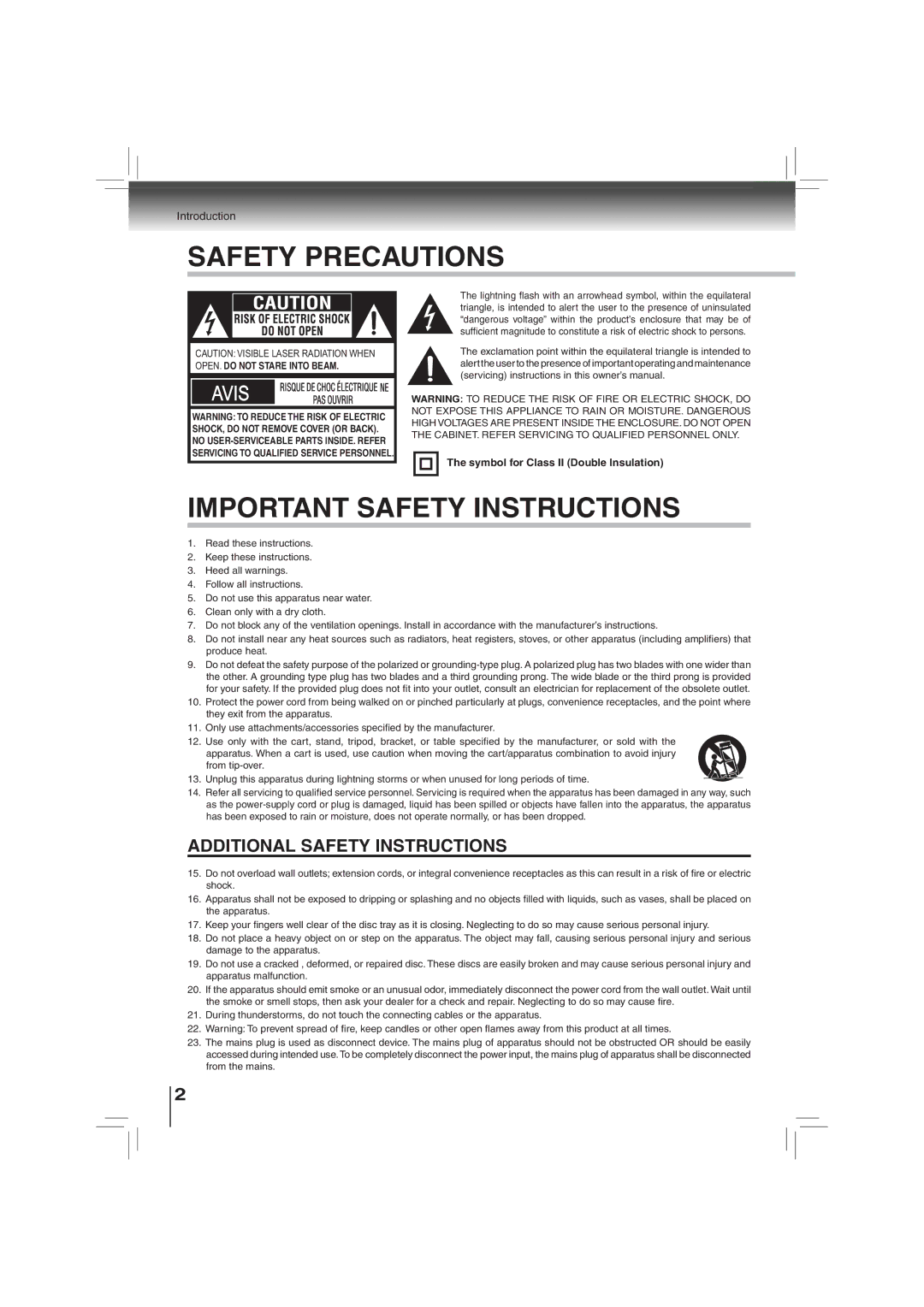 Toshiba BDX2700KU owner manual Safety Precautions, Symbol for Class II Double lnsulation 