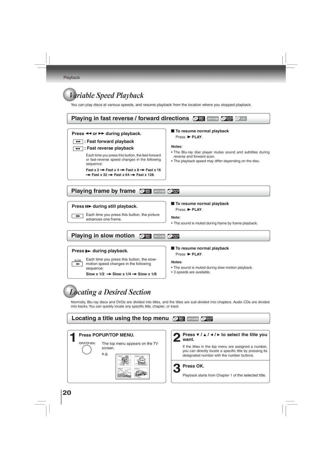 Toshiba BDX2700KU owner manual Variable Speed Playback, Locating a Desired Section 