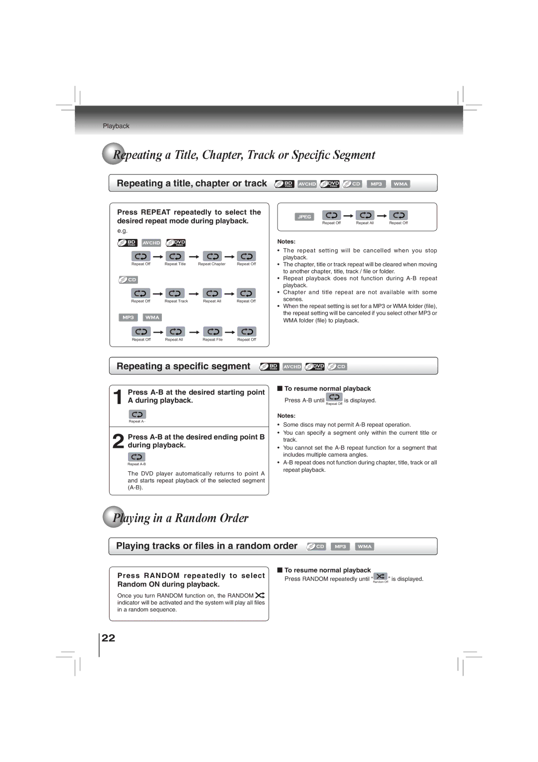 Toshiba BDX2700KU owner manual Repeating a Title, Chapter, Track or Speciﬁc Segment, Playing in a Random Order 