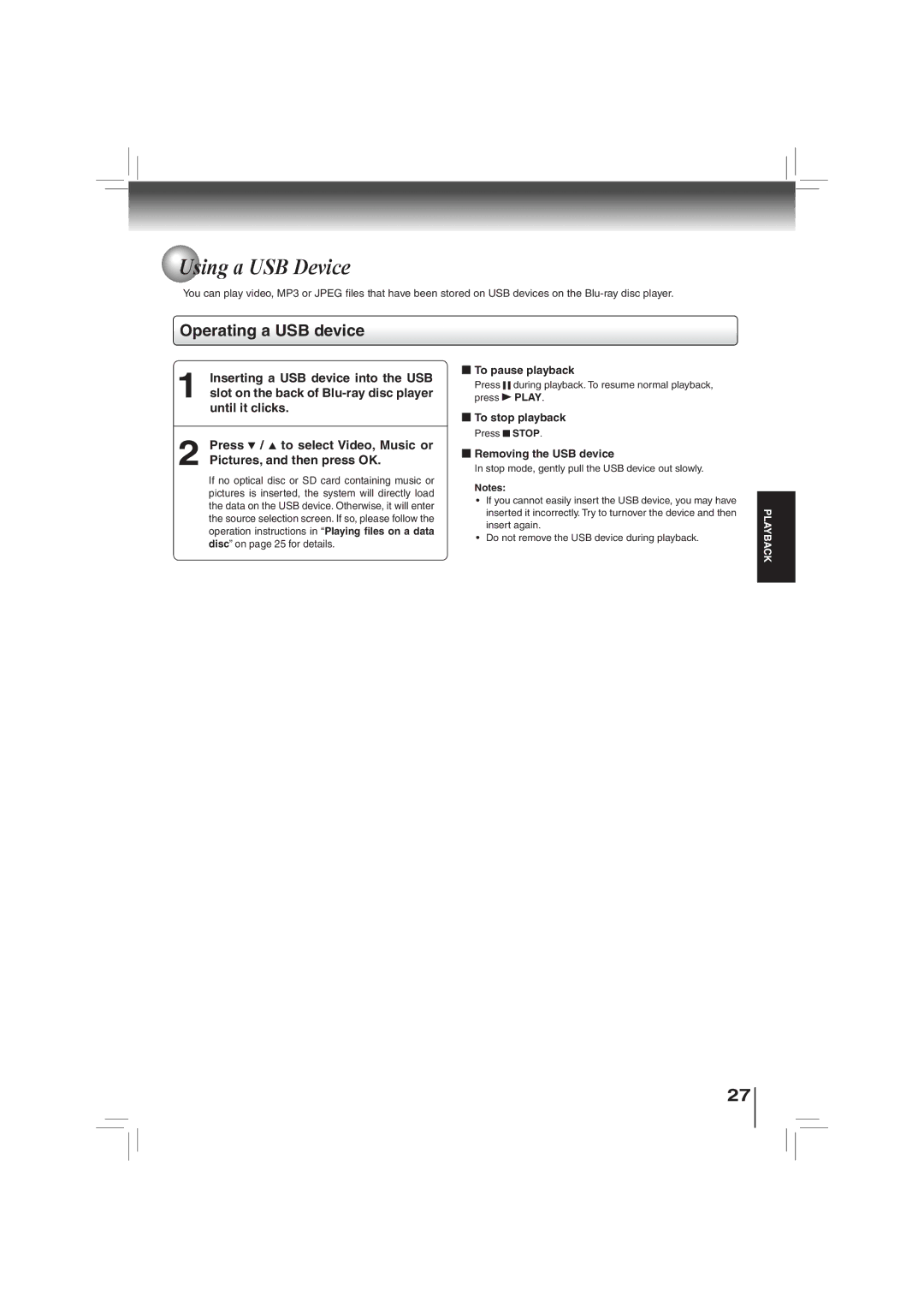 Toshiba BDX2700KU owner manual Using a USB Device, Operating a USB device, Removing the USB device 