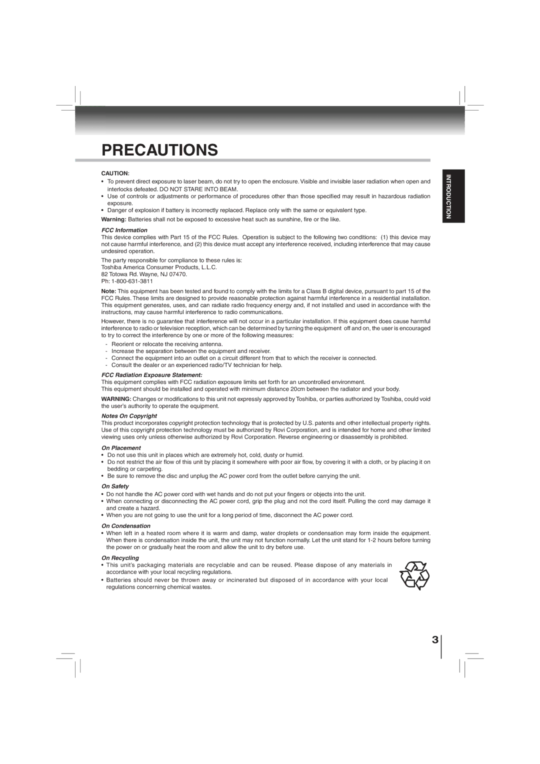 Toshiba BDX2700KU owner manual Precautions 