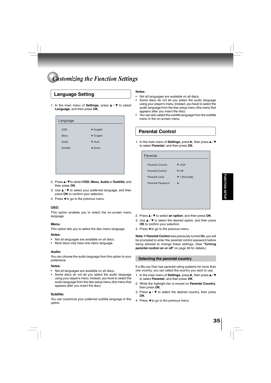 Toshiba BDX2700KU owner manual Language Setting, Parental Control, Selecting the parental country 