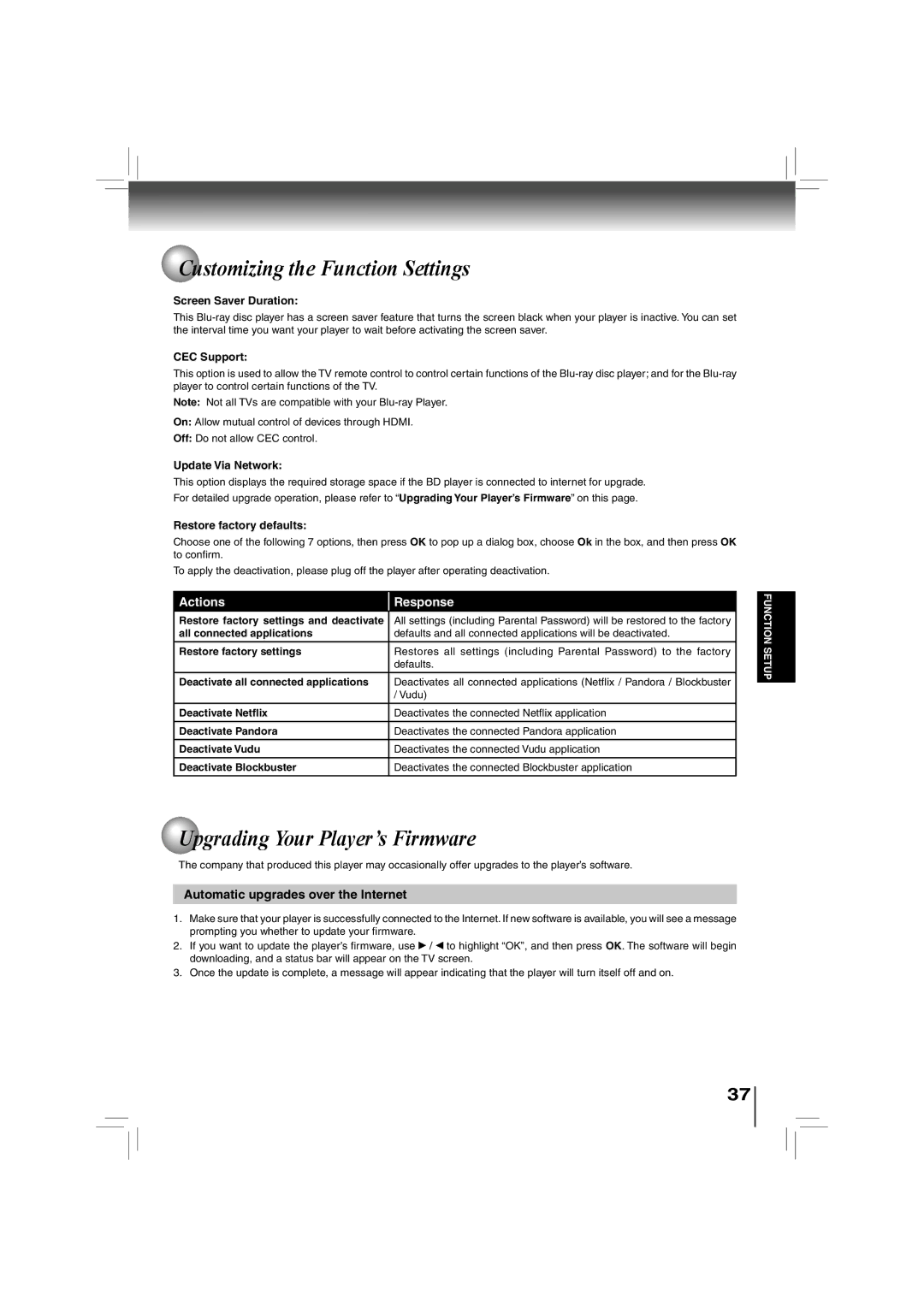 Toshiba BDX2700KU owner manual Upgrading Your Player’s Firmware, Automatic upgrades over the Internet 