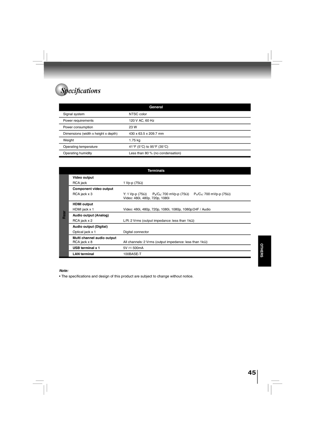 Toshiba BDX2700KU owner manual Speciﬁcations, Rear 