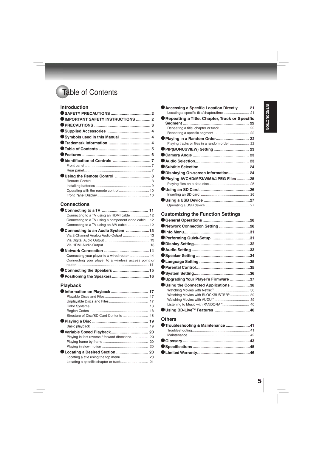 Toshiba BDX2700KU owner manual Table of Contents 