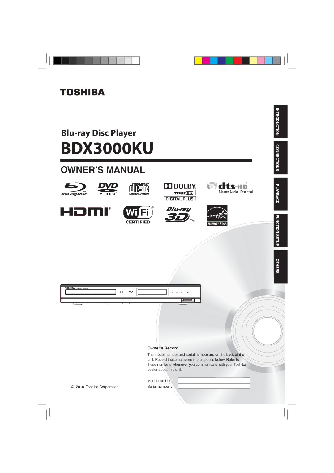 Toshiba BDX3000KU owner manual Owner’s Record, Toshiba Corporation 