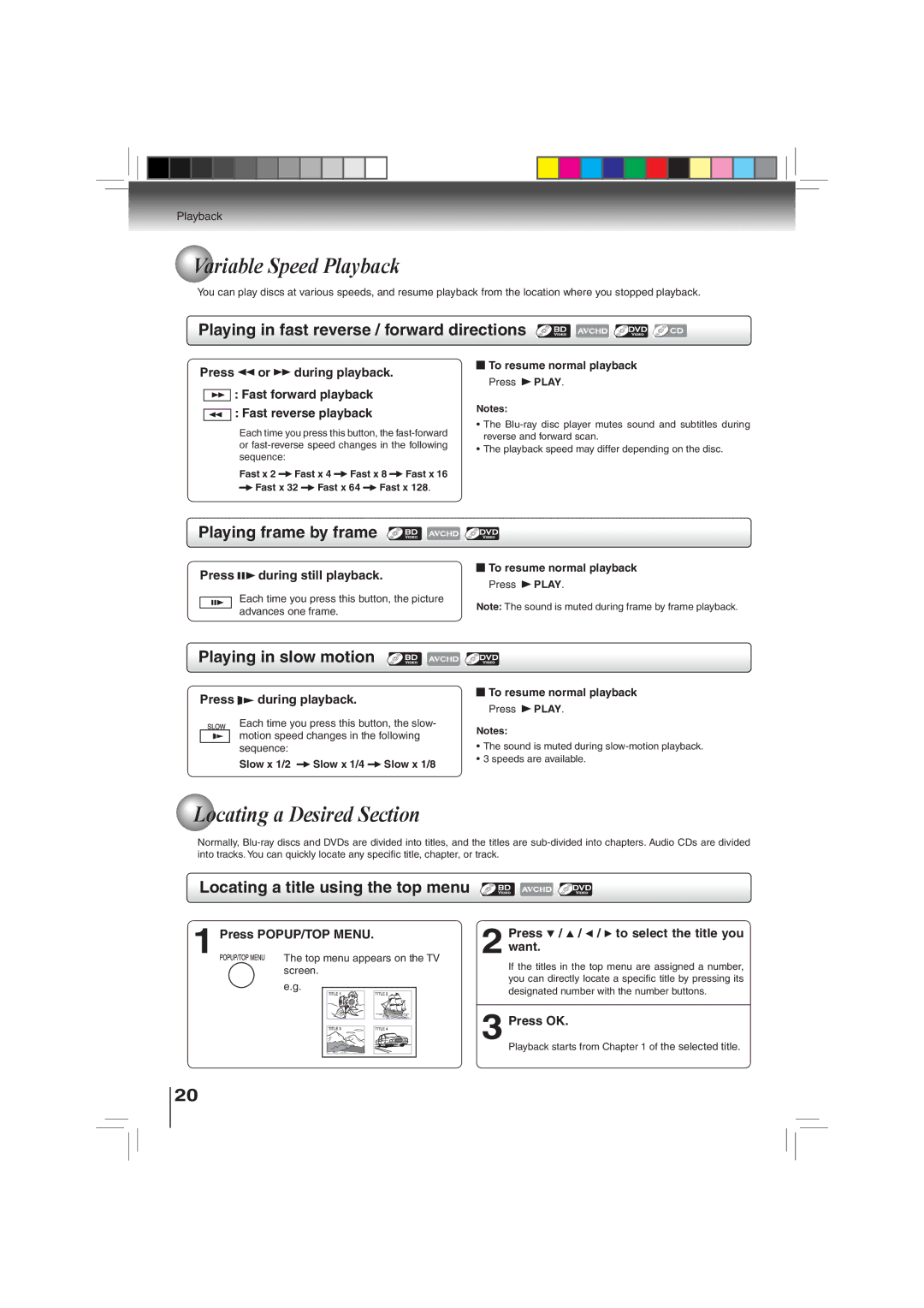 Toshiba BDX3000KU owner manual Variable Speed Playback, Locating a Desired Section 