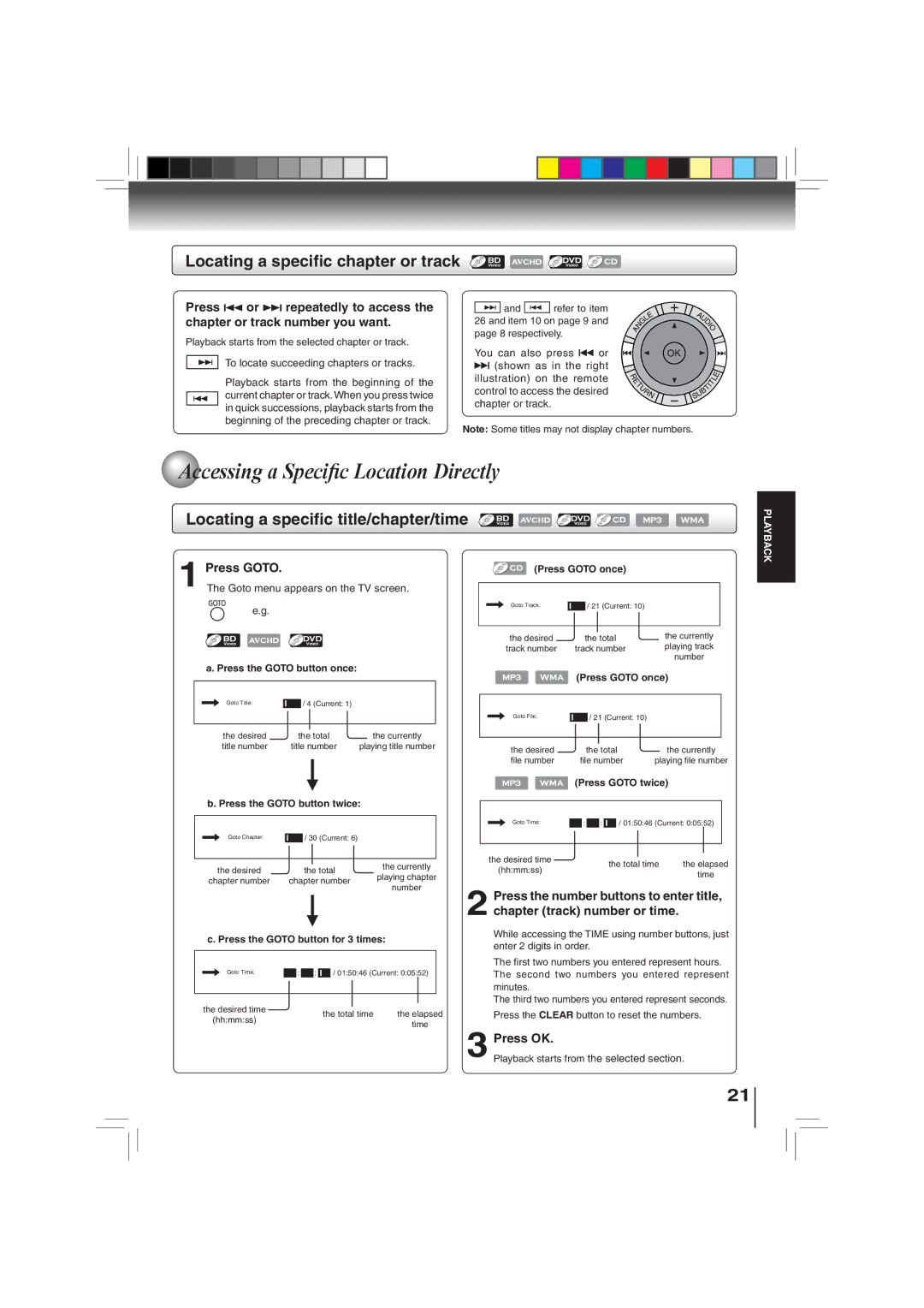 Toshiba BDX3000KU owner manual Accessing a Speciﬁc Location Directly, Locating a speciﬁc chapter or track, Press Goto 