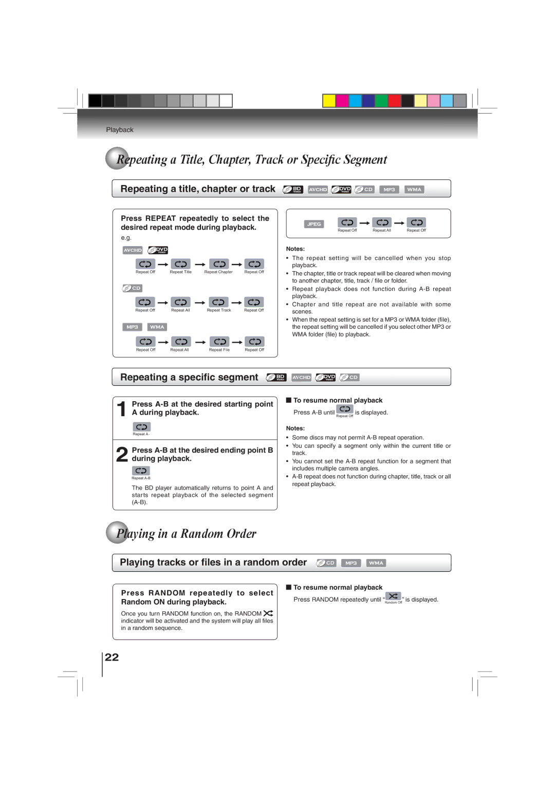 Toshiba BDX3000KU owner manual Repeating a Title, Chapter, Track or Speciﬁc Segment, Playing in a Random Order 