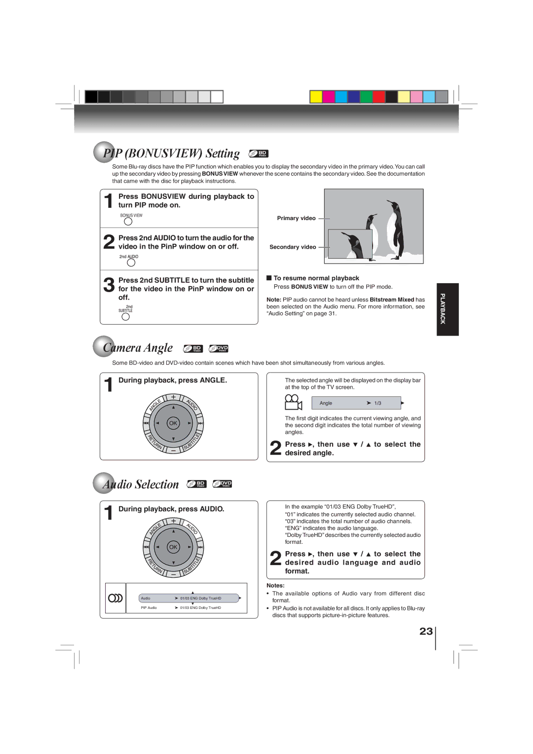 Toshiba BDX3000KU owner manual PIP Bonusview Setting, Camera Angle, Audio Selection 