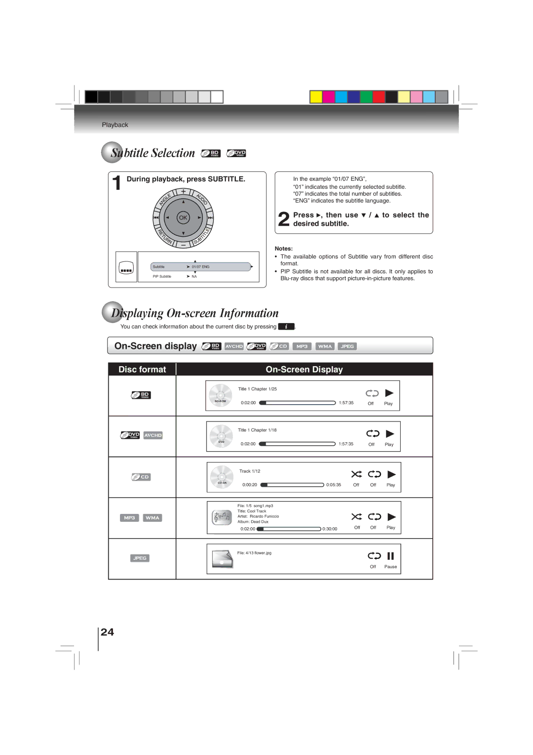 Toshiba BDX3000KU owner manual Subtitle Selection, Displaying On-screen Information, During playback, press Subtitle 