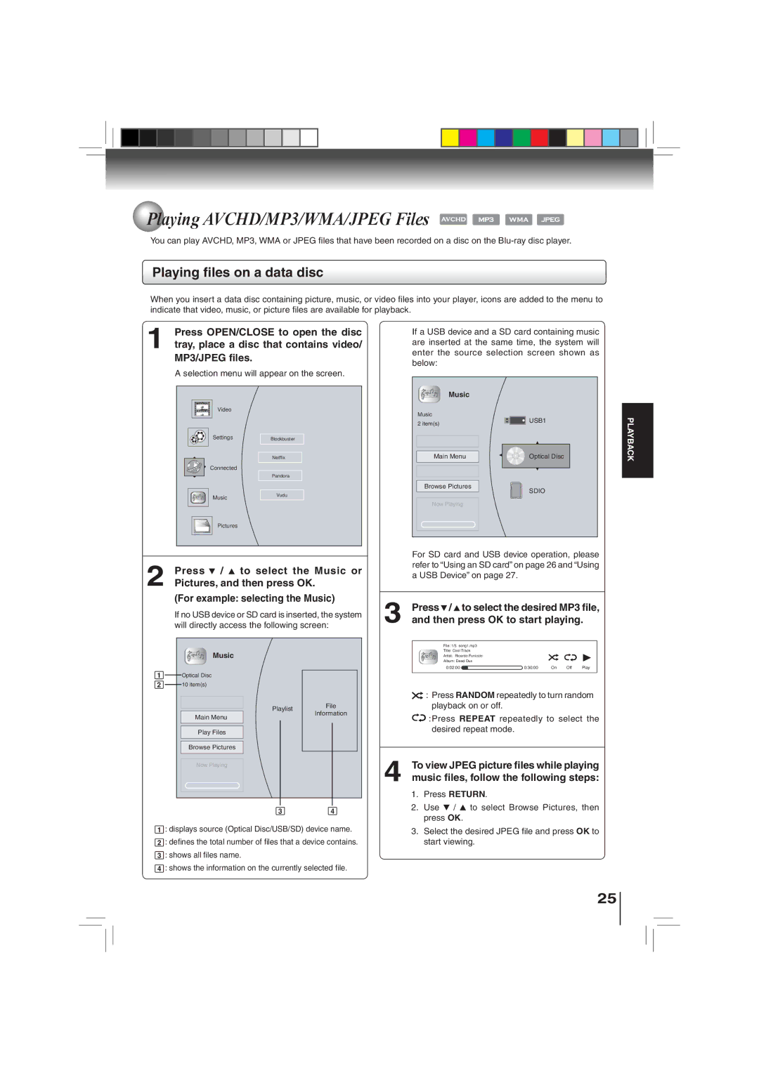 Toshiba BDX3000KU owner manual Playing AVCHD/MP3/WMA/JPEG Files, Playing ﬁles on a data disc 