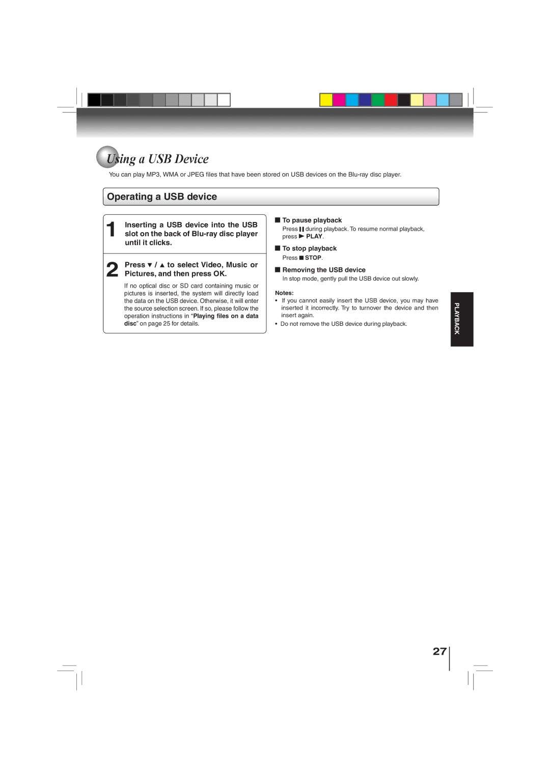 Toshiba BDX3000KU owner manual Using a USB Device, Operating a USB device, Removing the USB device 