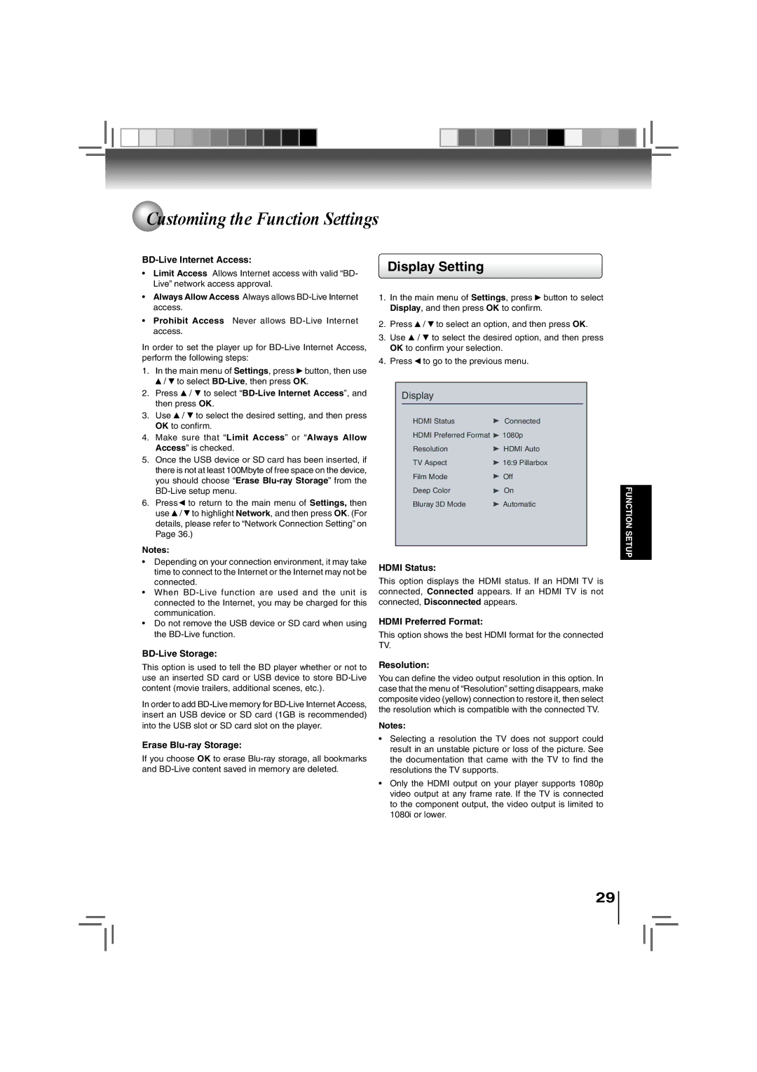 Toshiba BDX3000KU owner manual Display Setting 