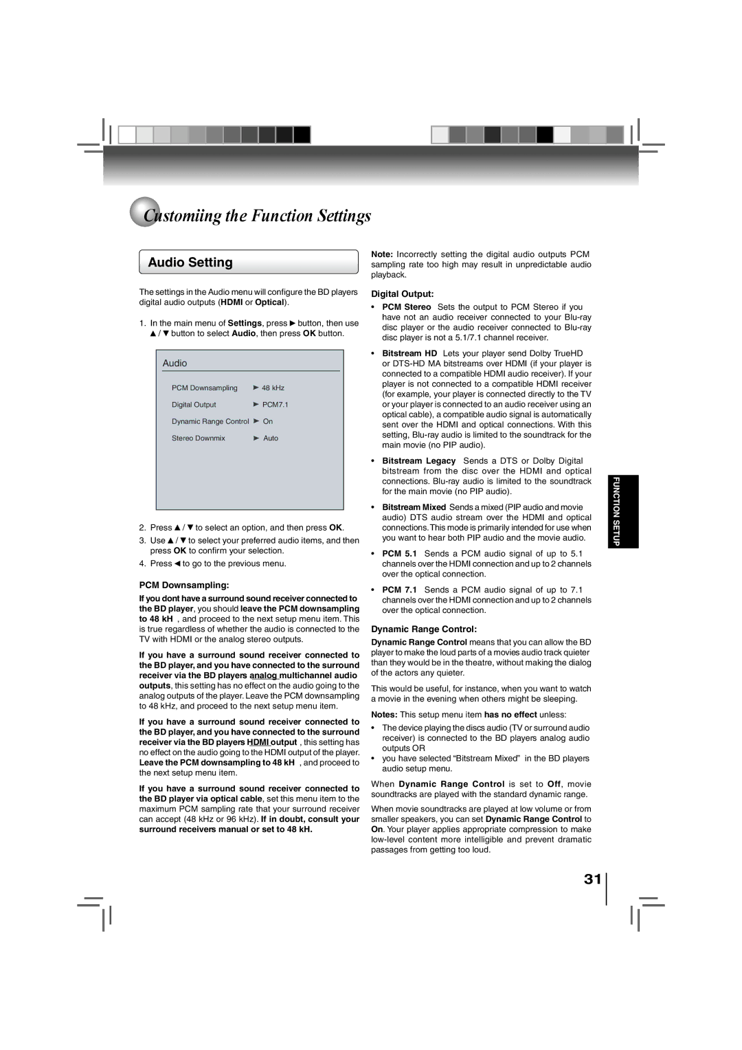 Toshiba BDX3000KU owner manual Audio Setting, PCM Downsampling, Digital Output, Dynamic Range Control 