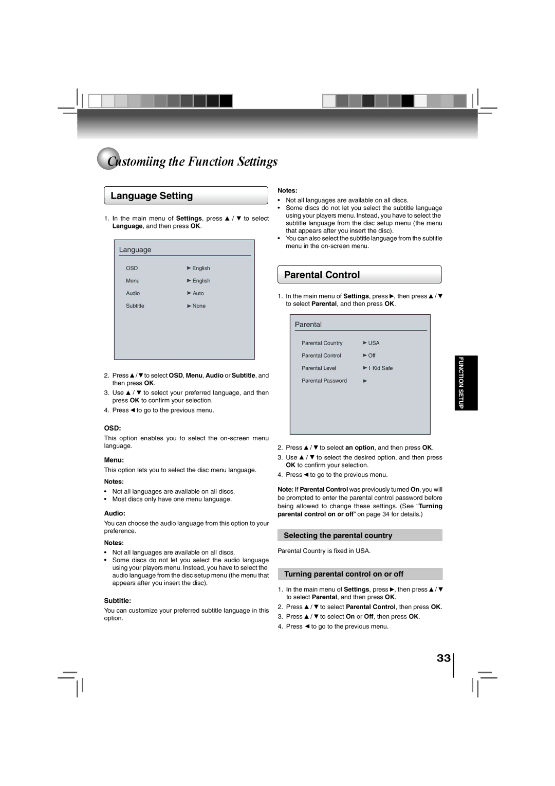 Toshiba BDX3000KU owner manual Language Setting, Parental Control, Menu, Audio, Subtitle 