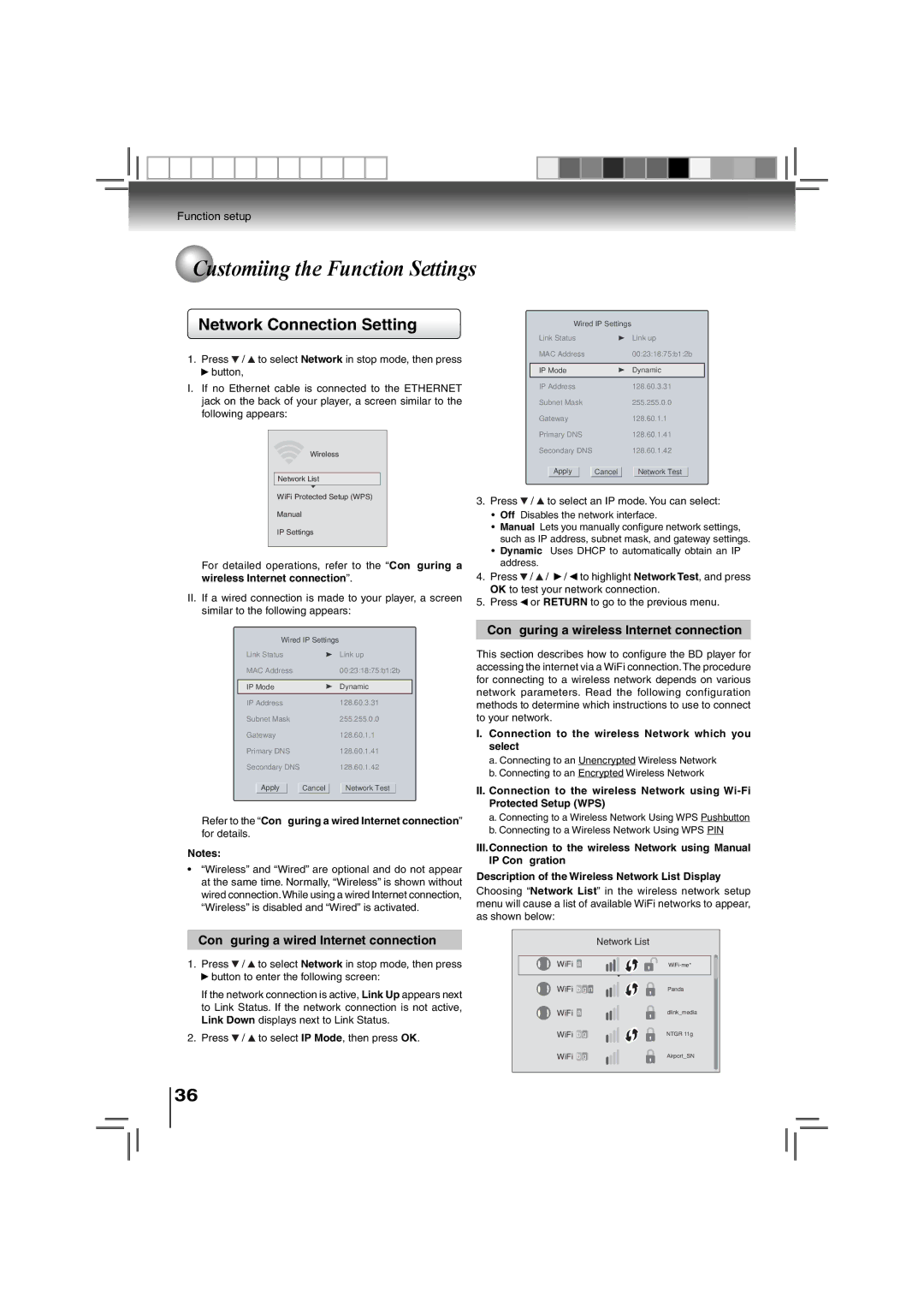 Toshiba BDX3000KU owner manual Network Connection Setting, Wired IP Settings 