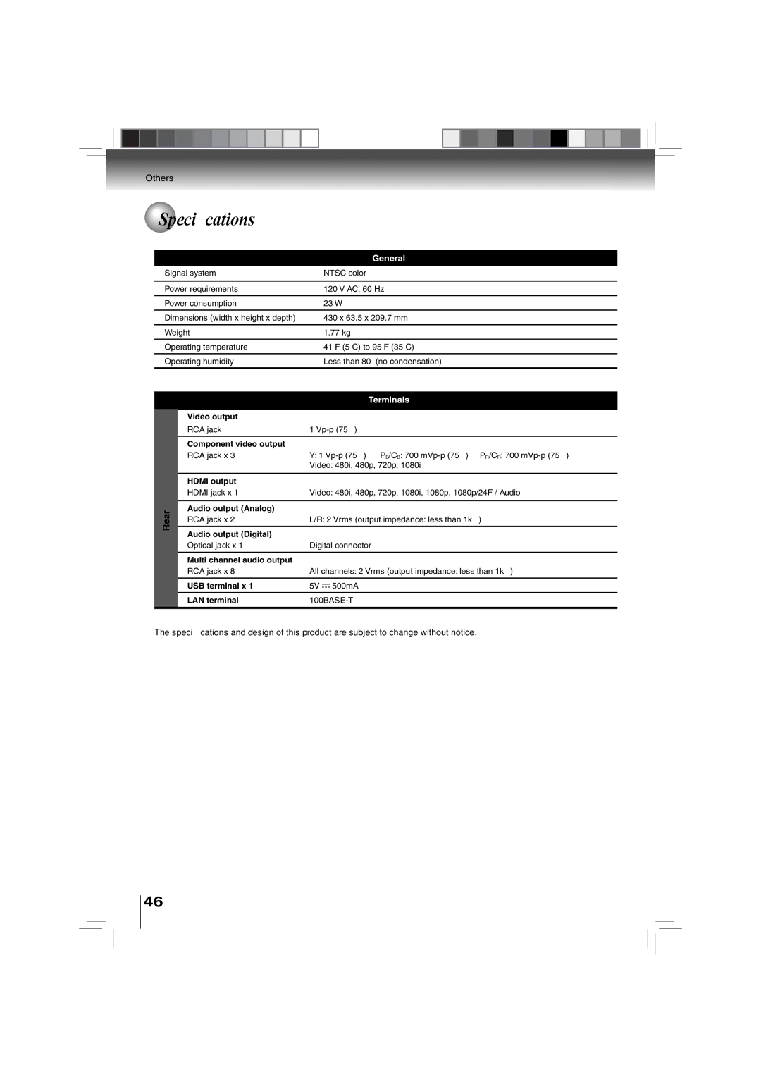 Toshiba BDX3000KU owner manual Speciﬁcations, Rear 