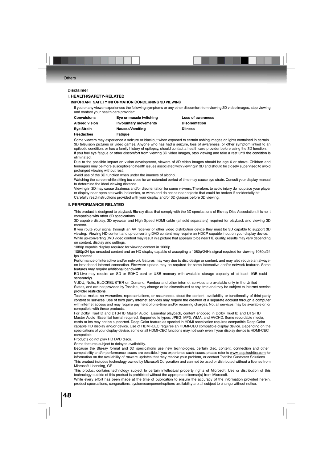 Toshiba BDX3000KU owner manual Disclaimer, Health/Safety-Related 