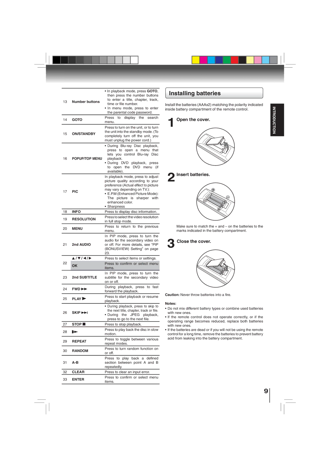 Toshiba BDX3000KU Installing batteries, 1Open the cover 2Insert batteries, Close the cover, Number buttons, 2nd Audio 