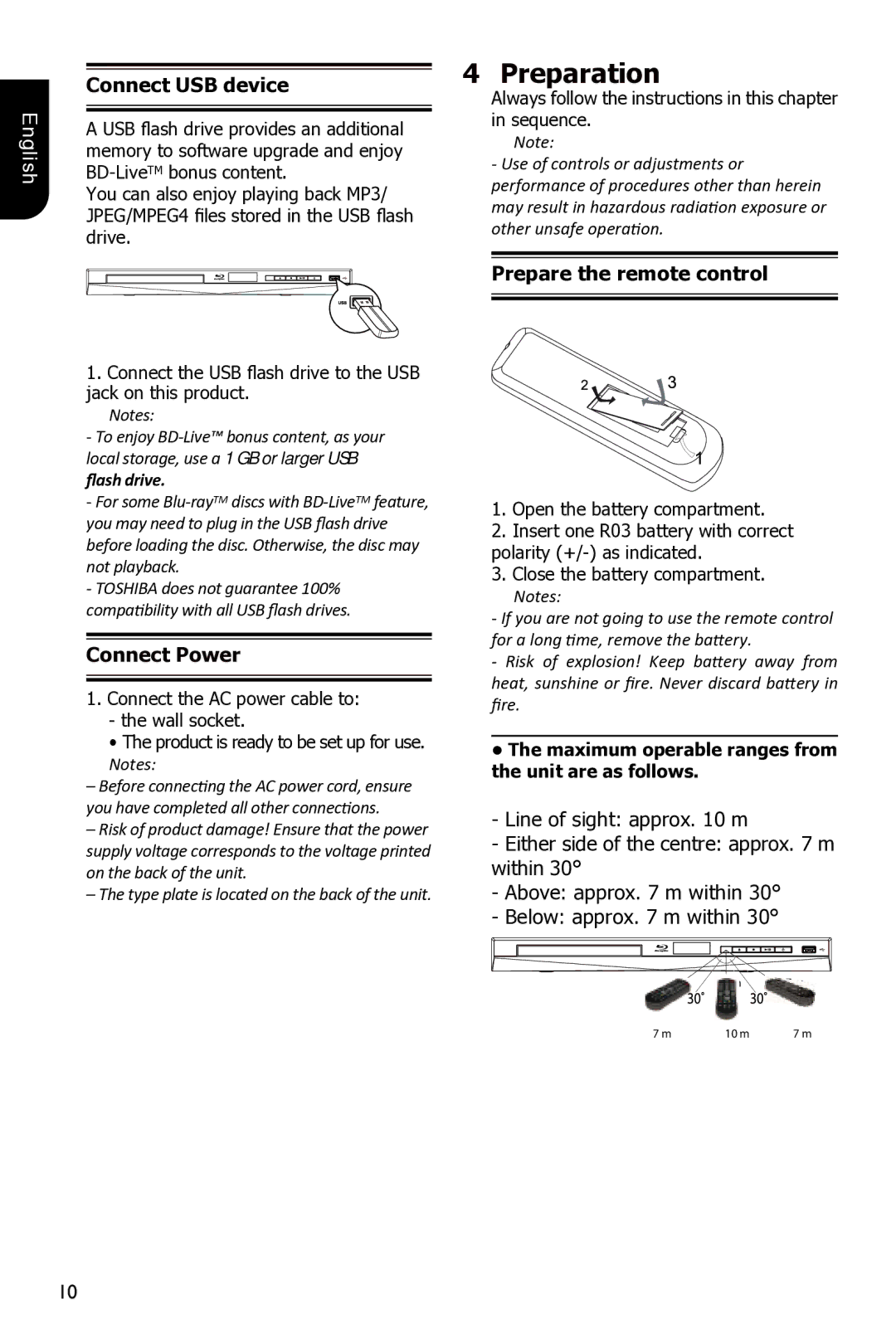 Toshiba BDX3300 owner manual Preparation, Connect USB device, Prepare the remote control 