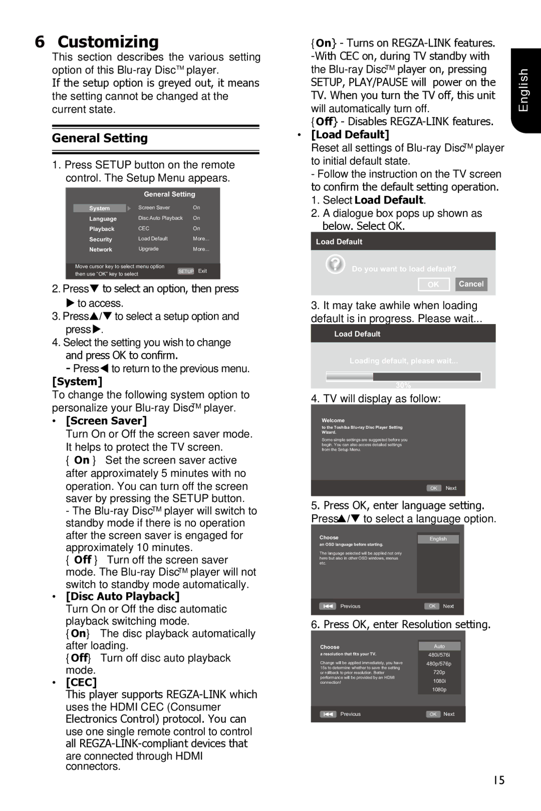 Toshiba BDX3300 owner manual Customizing, General Setting 