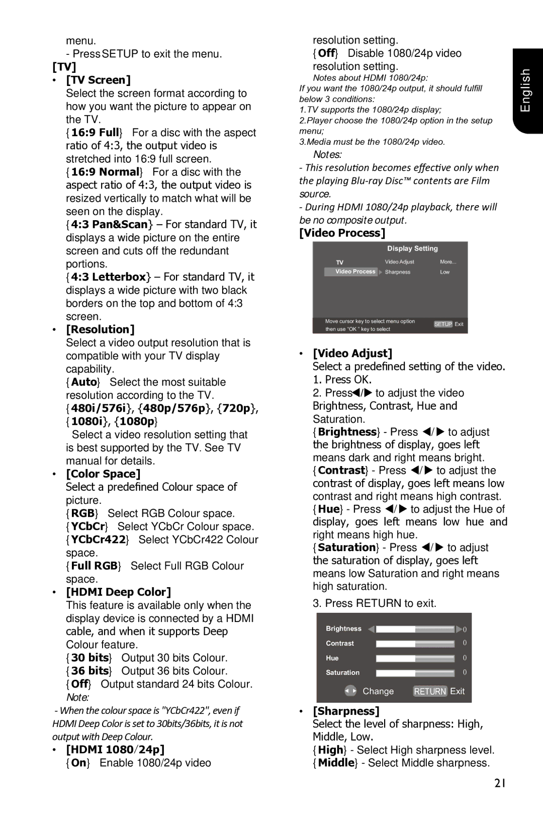 Toshiba BDX3300 TV Screen, Resolution, 1080i, 1080p, Color Space, Hdmi Deep Color, Hdmi 1080/24p, Video Process, Sharpness 