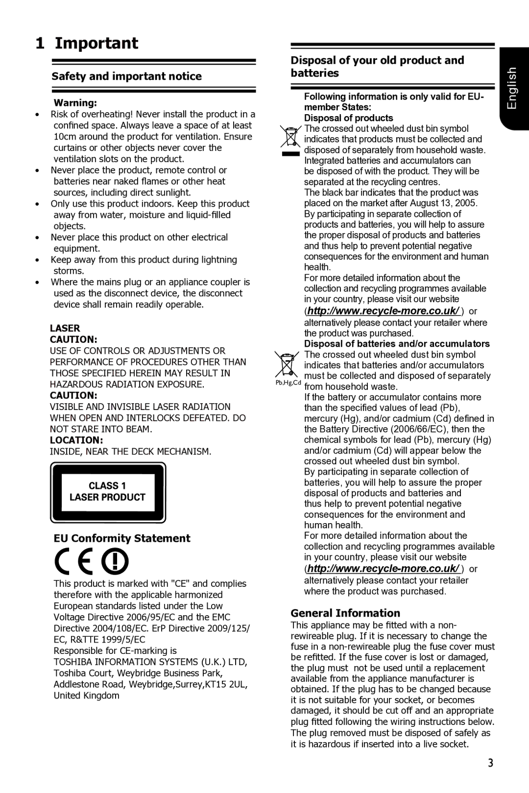 Toshiba BDX3300 Safety and important notice, EU Conformity Statement, Disposal of your old product and batteries 