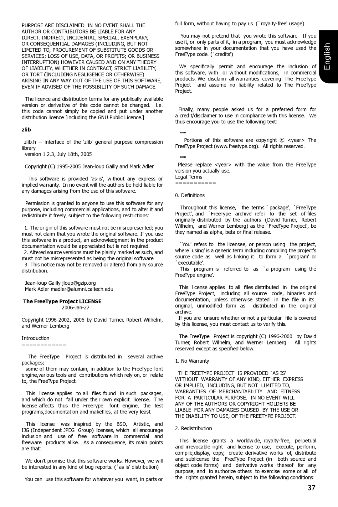 Toshiba BDX3300 owner manual Zlib, FreeType Project License 