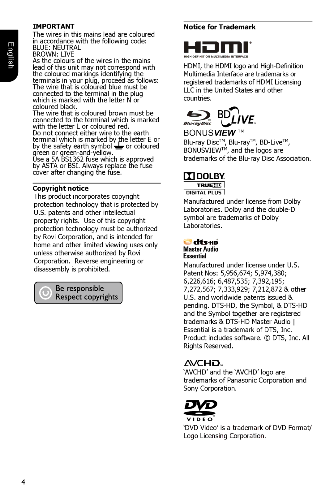 Toshiba BDX3300 owner manual Blue Neutral Brown Live, Copyright notice 